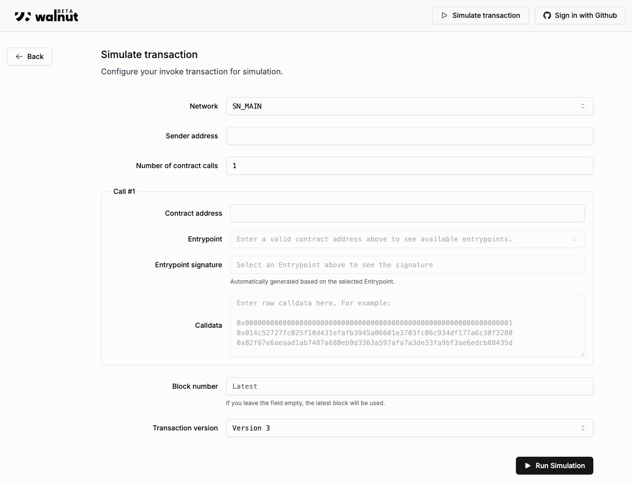 Screenshot of the Simulation Form Page on Walnut